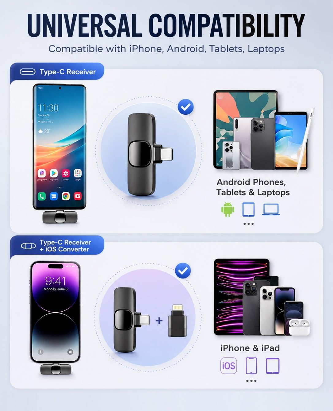 GLOBAL TECH Microfoni Lavalier wireless per iPhone/Android/iPad/tablet – Confezione da 2 mini microfoni wireless a clip per registrazione video, podcast, vlogging, Youtube, live streaming