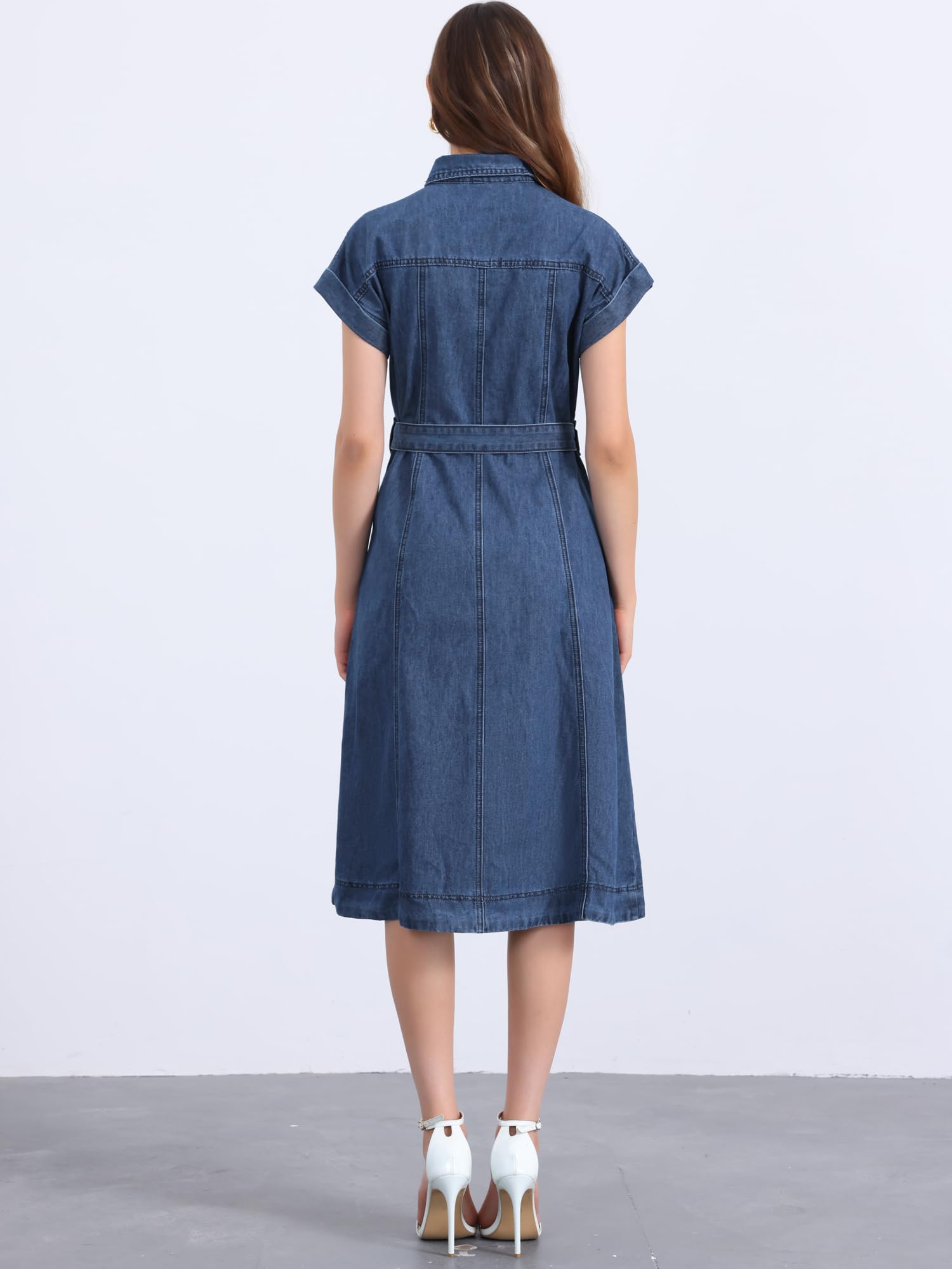 Allegra K Vestido camisero de mezclilla para mujer, casual, con botones, manga corta, cinturón, vestido midi de mezclilla 2025, trajes de moda