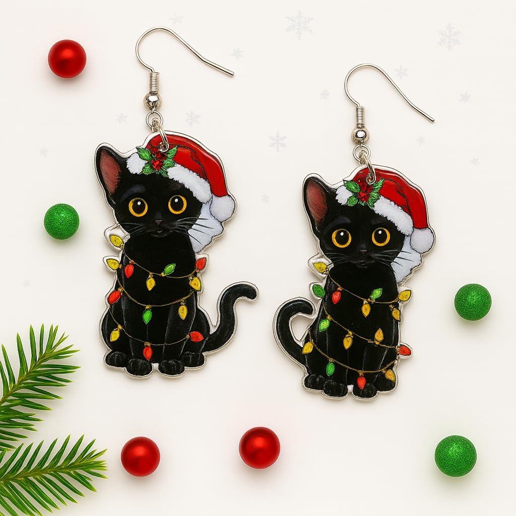Christmas Cat Tree Earrings for Women – Cute Holiday Drop Earrings, Lightweight Acrylic Dangle Earrings for Christmas Parties & Gifts - Image 2