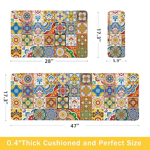 Boho Kitchen Rugs Set 2 Memory Foam Colorful Ceramic Comfort Tile Floor Mat Anti Fatigue Non-Skid PVC Runner Rug Water & Oil Proof Carpet for Kitchen Laundry Sink,17.3x28+17.3x47 Inch, C2