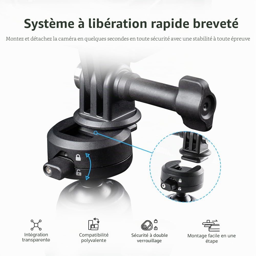 PGYTECH CapLock Support Guidon Moto Vélo, Pince pour Caméra d'action | Fixation Rotative 360°avec Adaptateur 1/4, Compatible avec GoPro/DJI Osmo/Insta360 Vlogging, Système de Montage Rapide