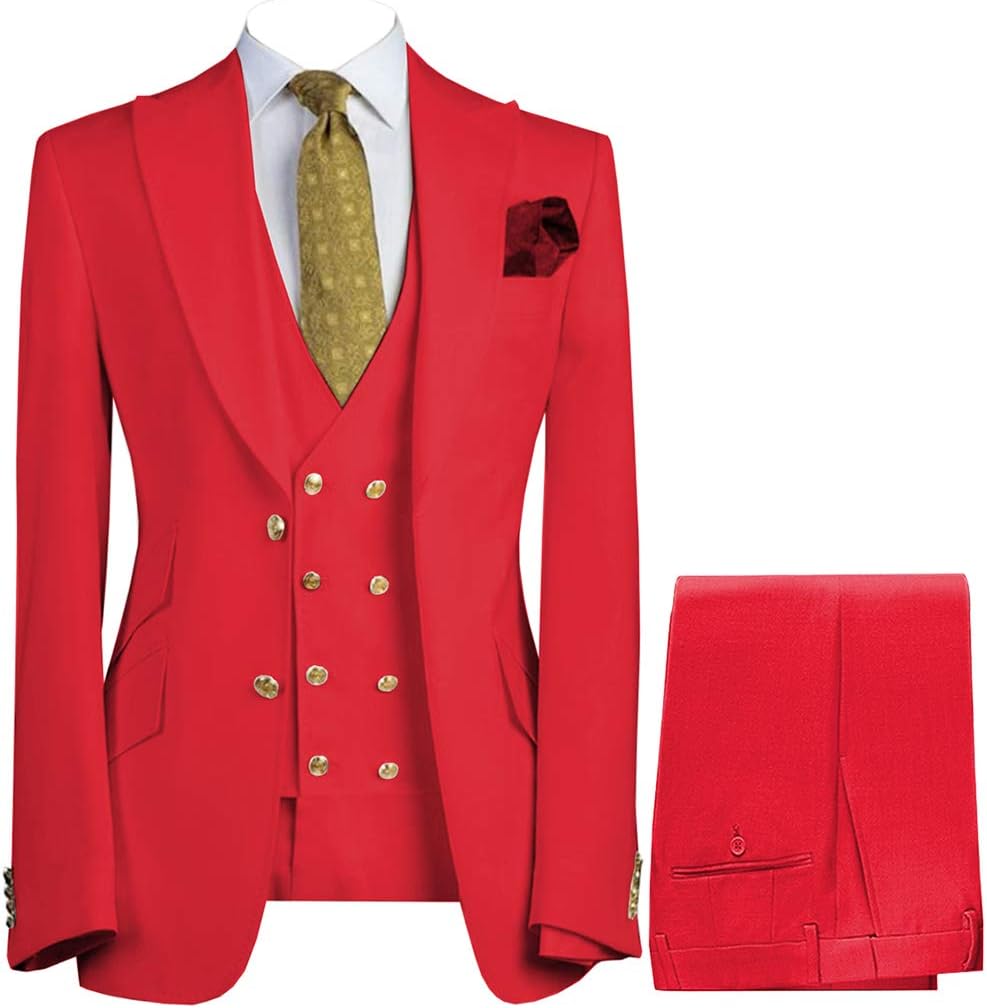 Men's Suits Slim Fit Wedding Groom Tuxedos 3 Pieces with Gold Buttons Formal Suit Peak Lapel