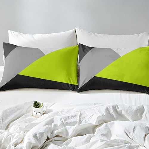 Miniatura 4 de Erosebridal Juego de sábanas bajeras de color verde lima, negro, gris, triángulo geométrico, juego de ropa de cama de retazos geométricos para