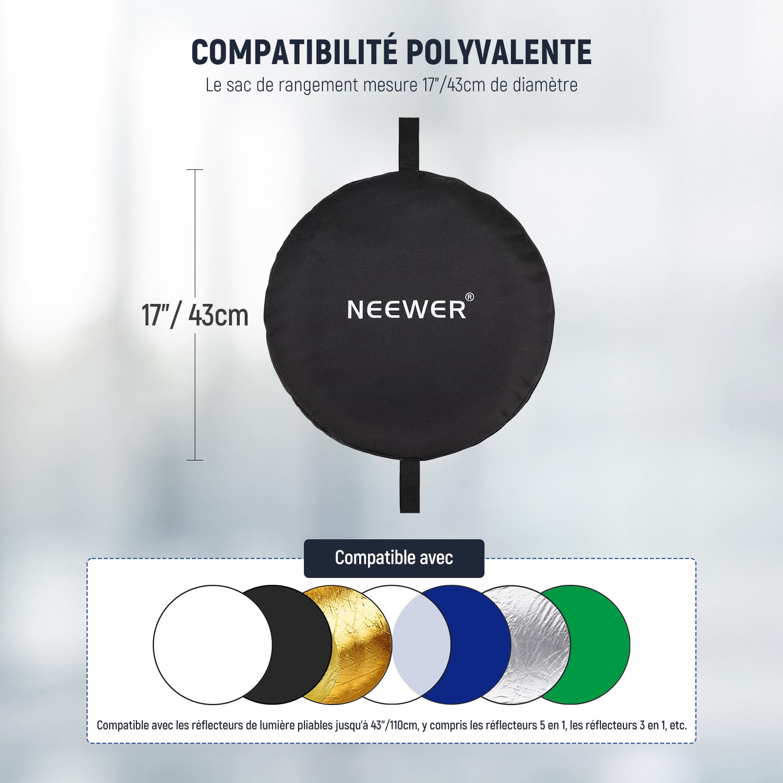 Neewer Sac de Transport 43cm/17'' pour Réflecteur de Lumière Pliable, Sac de Stockage Deux Poignées pour Diffuseur, Compatible Réflecteurs 110cm/43", Sac Nylon Résistant pour Photo en Extérieur, NB-06