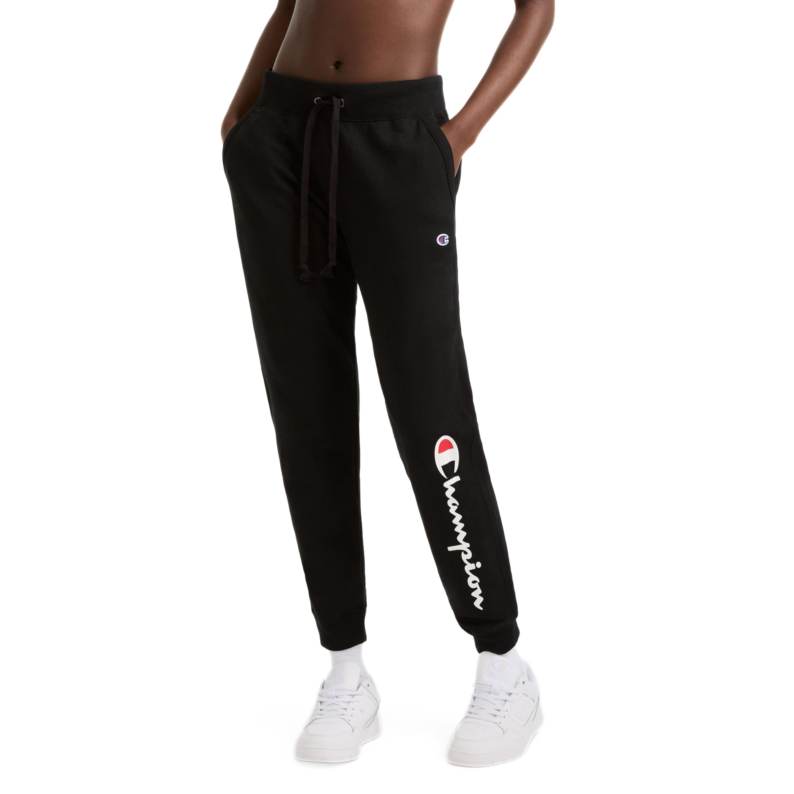 Champion Women's, Powerblend, Fleece Joggers, Comfortable Pants, 29" (Plus, Black Script, XS