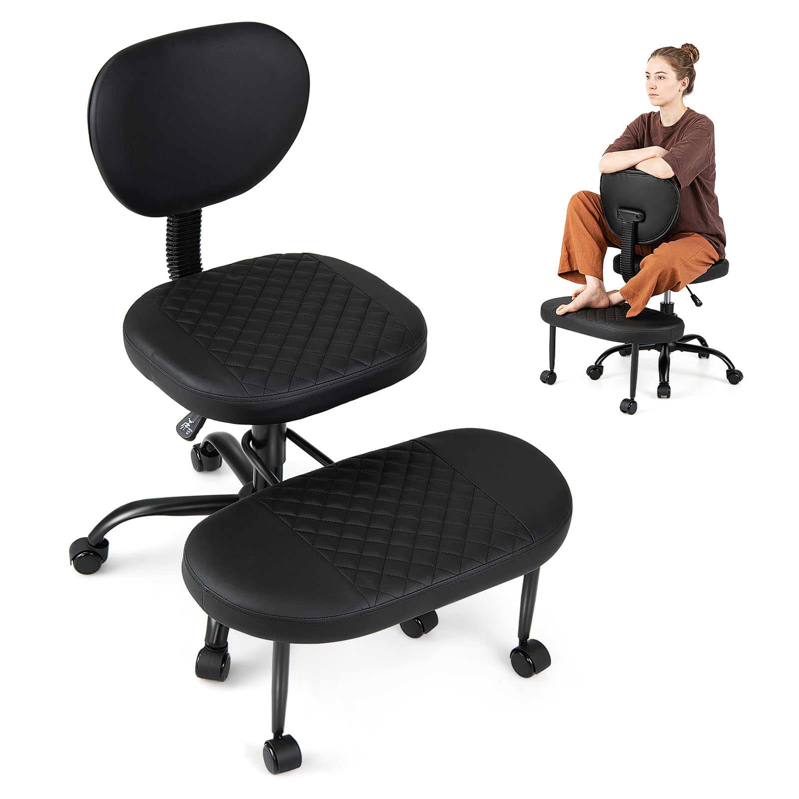 COSTWAY Silla Ergonómica de Rodillas, Respaldo, Reposapiés Giratorio a 360° | Silla Oficina de Piernas Cruzadas con Ruedas, Altura Ajustable y Asiento Tapizado, Taburete para Meditación, Yoga, Trabajo