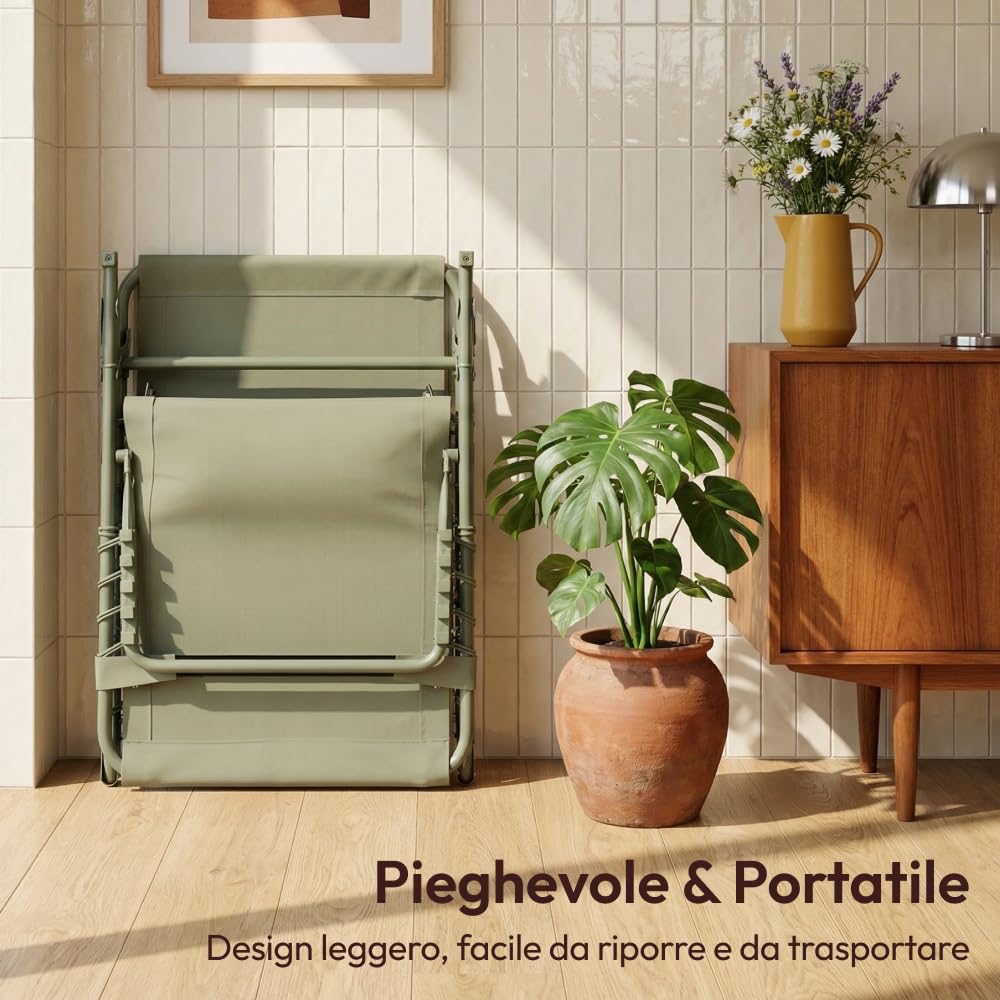 CASABEL Sedia Sdraio Pieghevole da Giardino, Set di 2 Lettini Pieghevoli Esterno Comodi e Resistenti, Struttura in Acciaio e Rivestimento in Textilene, Arredo Giardino Prendisole, Verde salvia