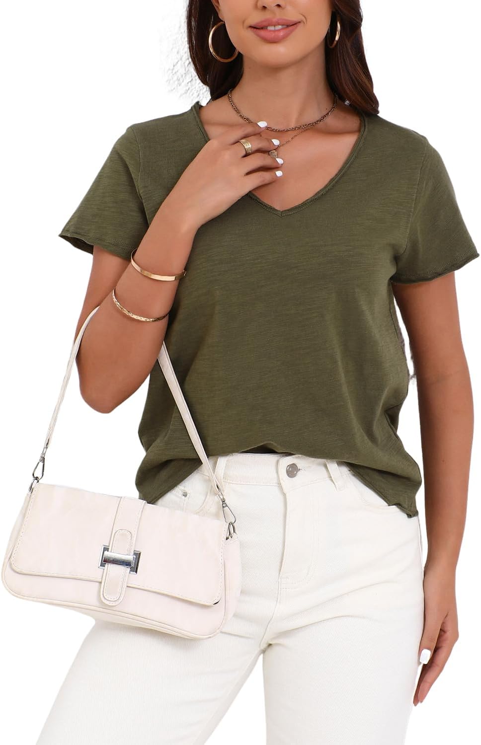 Inadays Womens Slub Cotton T Shirts Short Sleeve V-Neck Raw Hem Summer Tops Loose Fit Tee Basic Clothes Fashion Outfits - Image 4