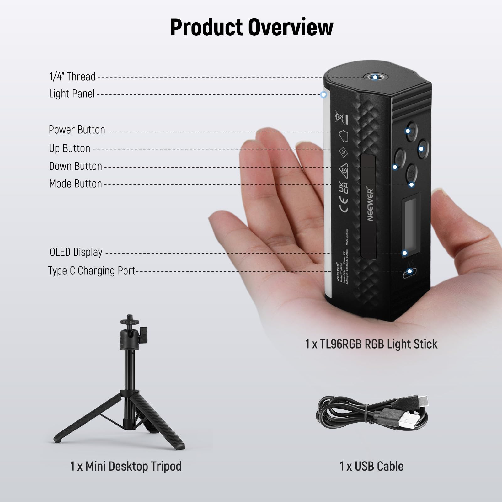 NEEWER Basic Barra Luminosa Magnetica Portatile con Treppiede da Tavolo, Mini Luce Tubo LED RGB 360°, Batteria 2500mAh, Illuminazione Regolabile 2500-8500K per Fotocamera Foto Video Studio, TL96RGB