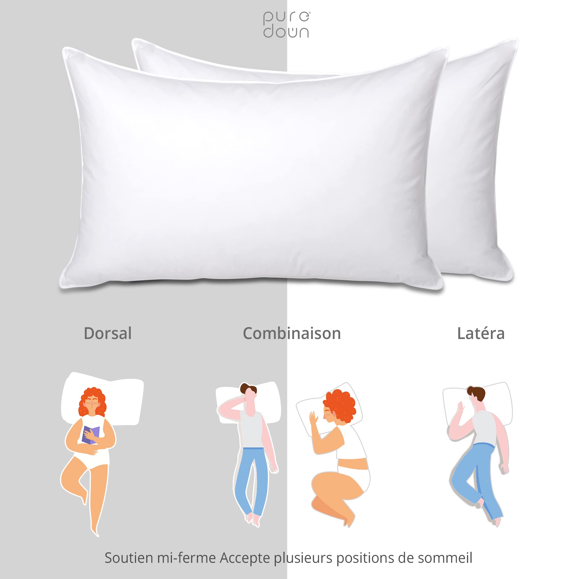 puredown Lot de 2 Oreillers en Plumes et Duvet d'oie 48x74cm, Oreiller Dodo Rectangulaire, Blanc Moelleux Oreiller Hotellerie Luxe avec Housse Coton, Moelleux, Lavables en Machine, Oeko-Tex, RDS