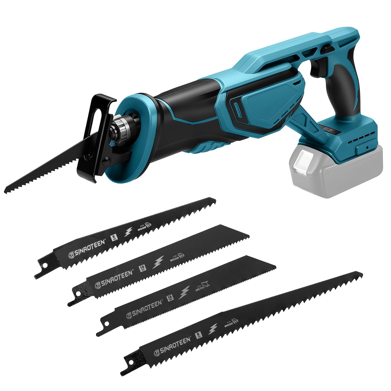 Roadtime Sierra Sable Inalámbrica para Makita 18 V baterías (sin batería) ﻿ | motor sin escobillas 0-4000 RPM Sierra Electrica de Velocidad Variable, con 4 Cuchillas para Cortar PVC/Madera/Metal