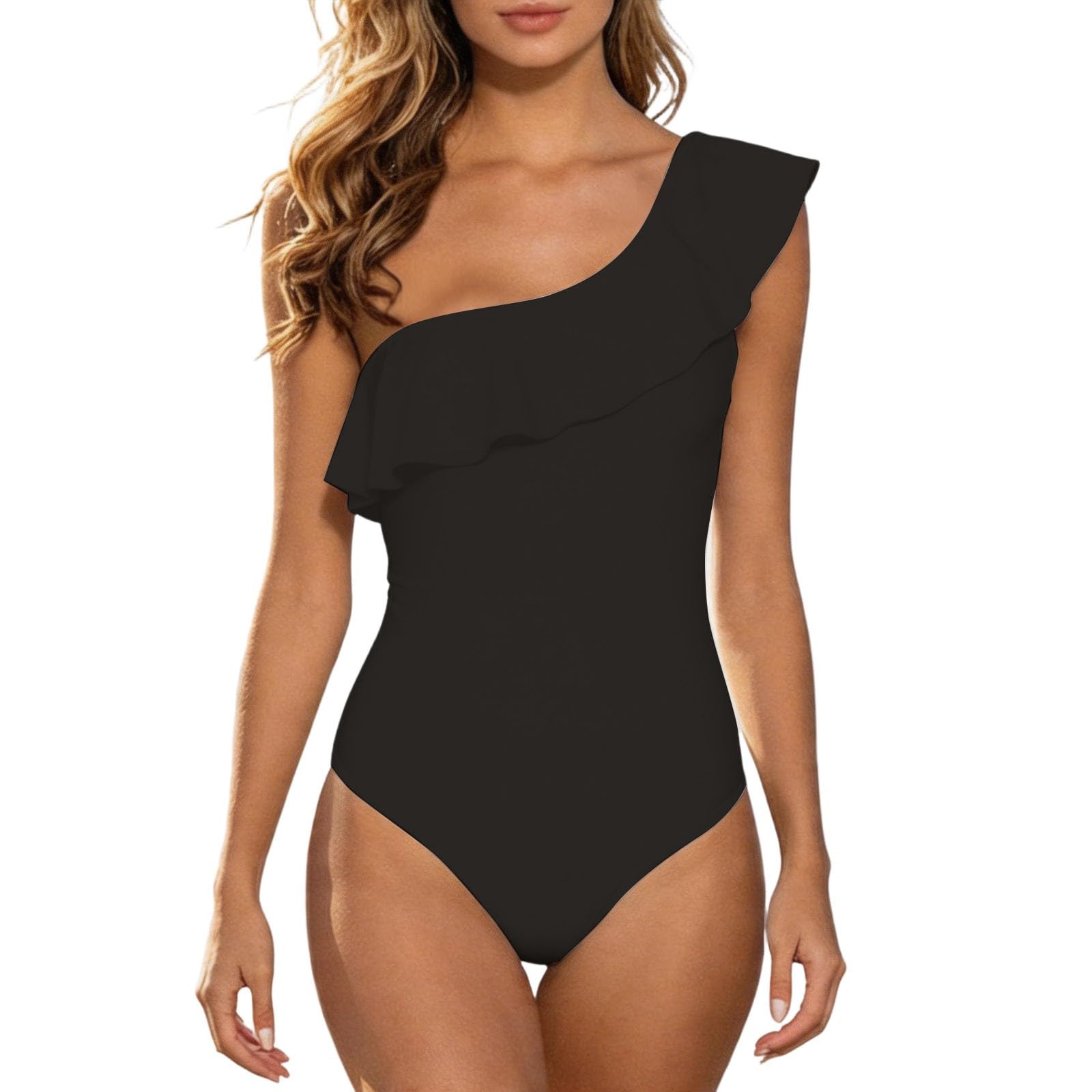 Bañador Mujer Un Hombro Bañadores Natacion Mujer Traje De Baño para Curvy Modelado Abdominal con Almohadillas Pecho Volantes Monokini Vintage Playa Verano Swimwear