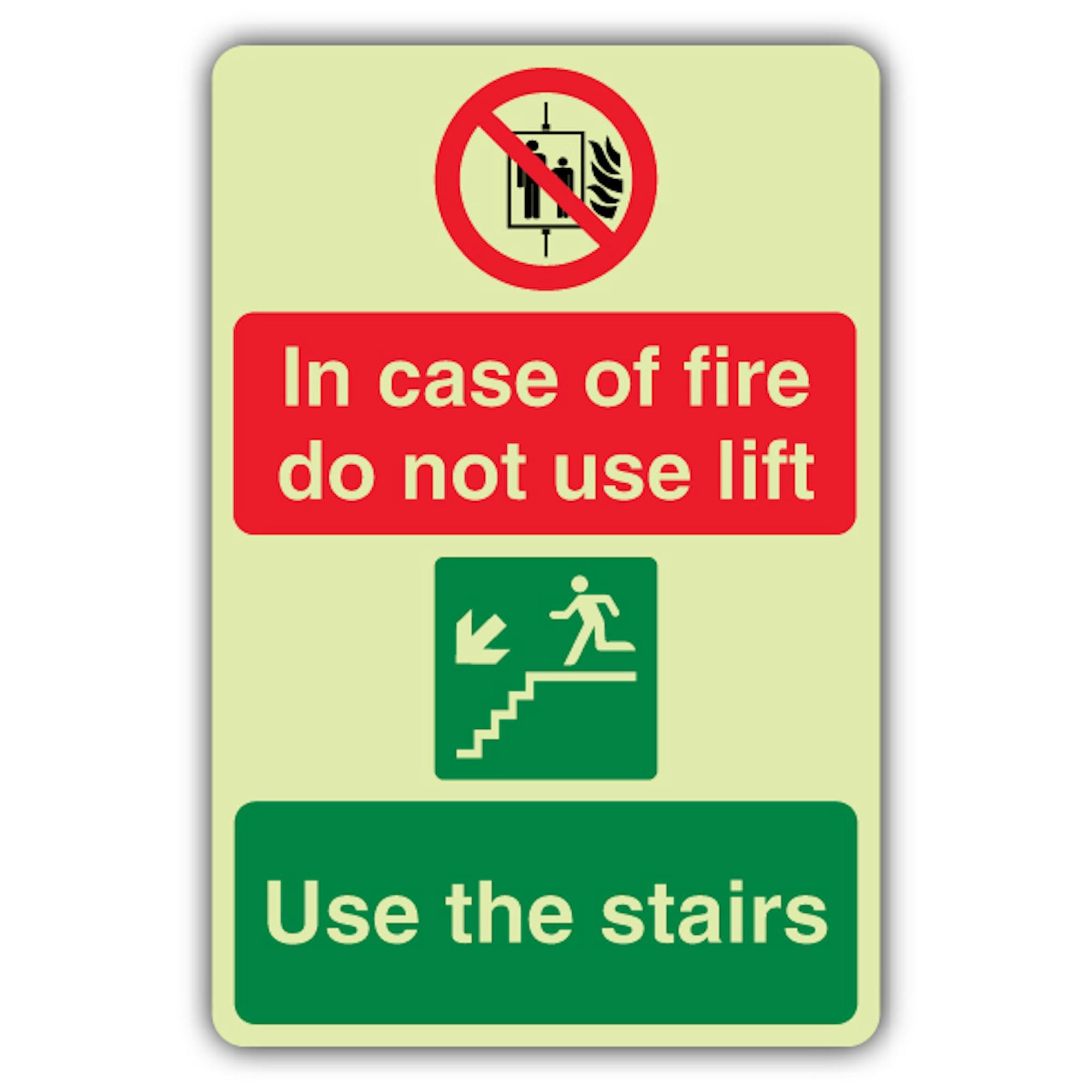 V Safety - Señal de seguridad que brilla en la oscuridad en caso de fuego, no use elevación, use las escaleras, 300 x 450 mm, hecha de vinilo autoadhesivo de doble brillo, señalización de seguridad