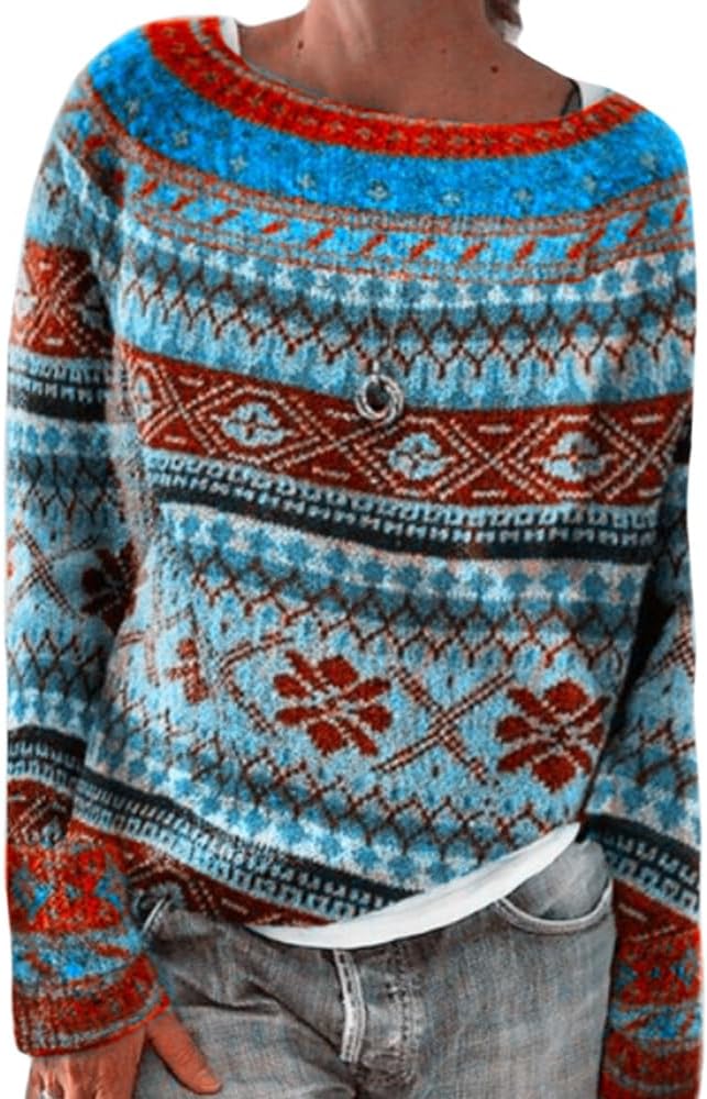 Faie Isle Sweaters for Women Trendy Casual Fall Long Sleeve Vintage Plus Size Crew Neck Knitted Pullover Basic Tops