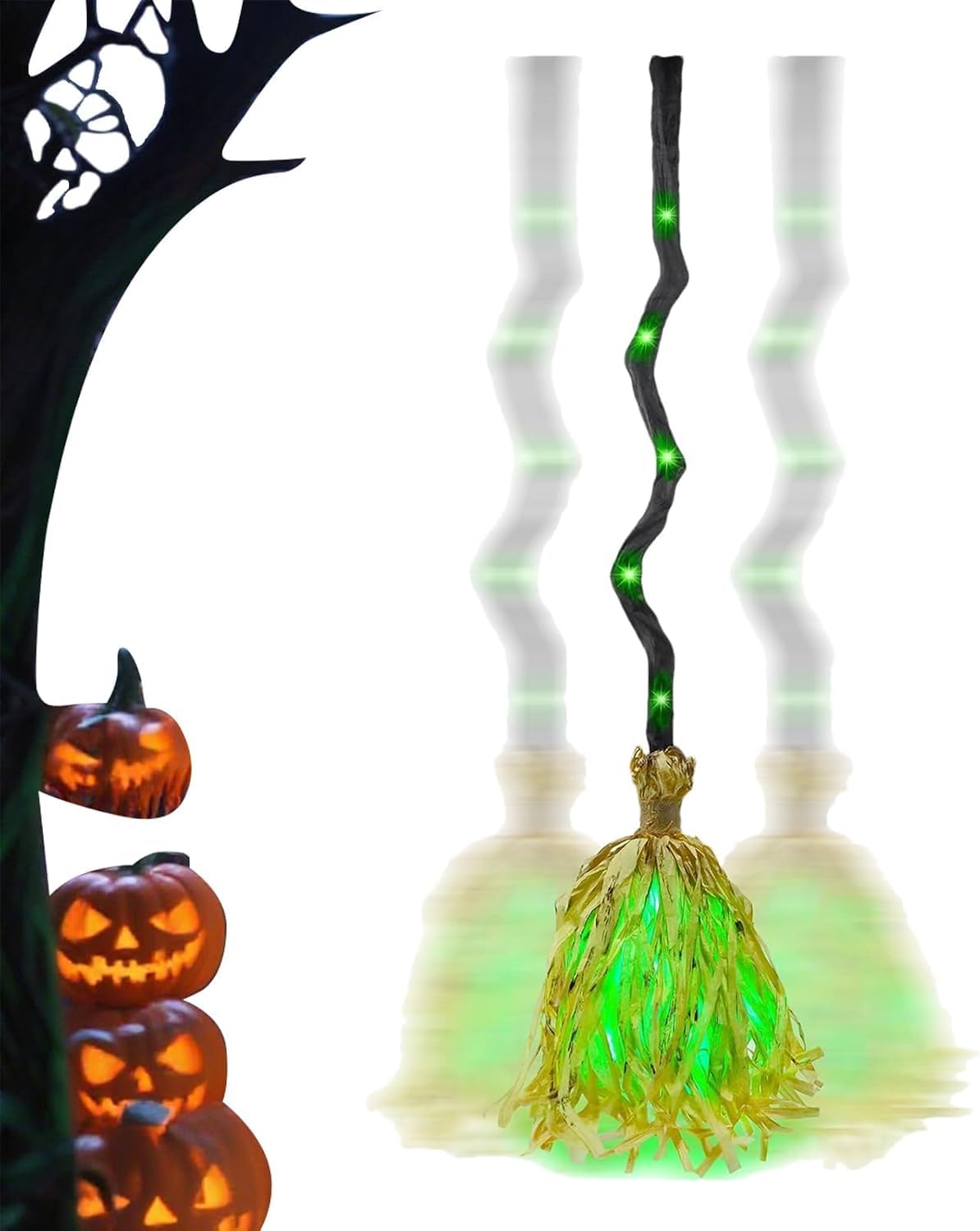 Halloween Dancing Witches Broom, Moving Witches Broomstick with Green Glow, Animated Light up Halloween Magic Brooms with Spooky Sounds for Indoor Outdoor Porch Yard Party