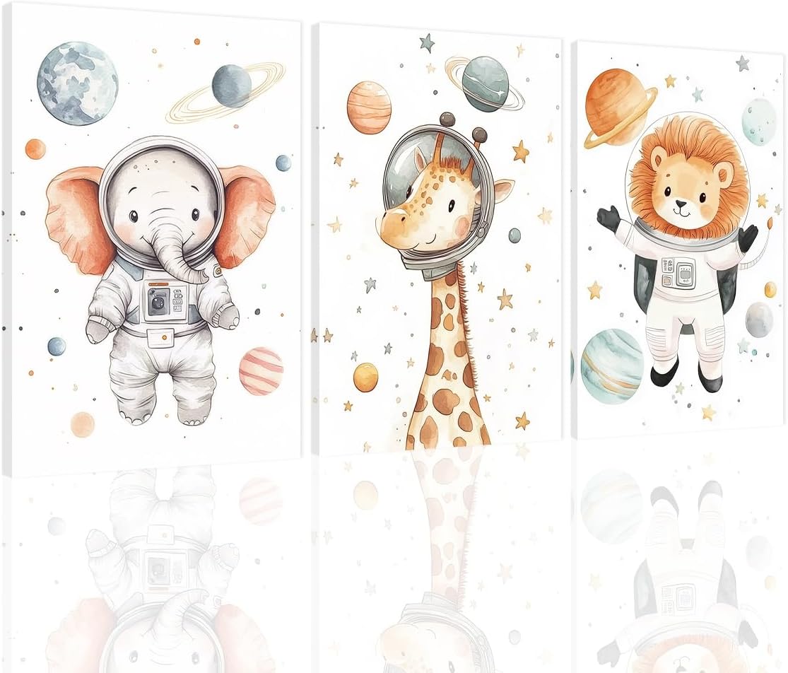 SWQYLB 3 Piece Space Wall Art for Kid Room Nursery Decor Lion Elephant Giraffe Picture Animal Astronauts Canvas Prints Toddler Boys Girls Room Decor Framed (16"x24"x3)