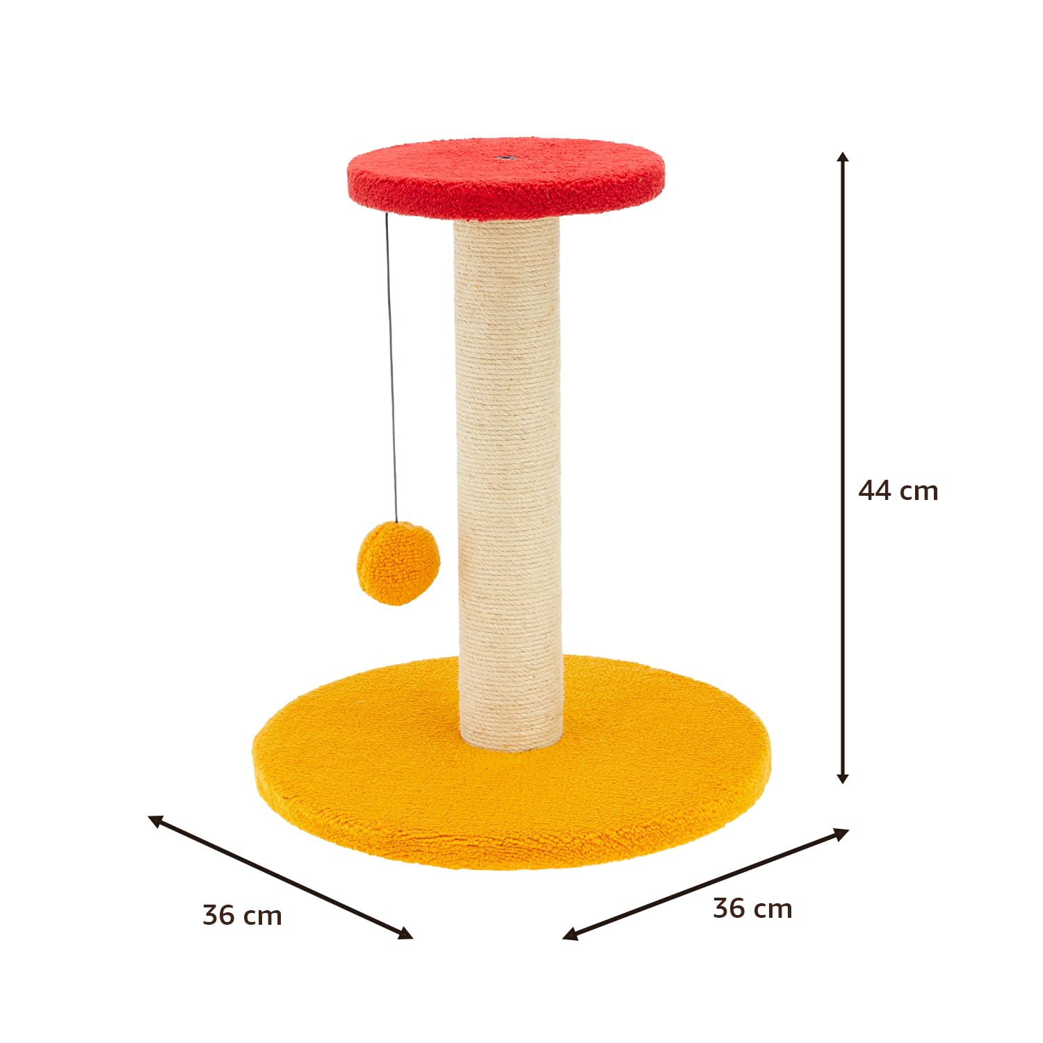 Amazon Basics Cat Scratching Pole and Perch, with Hanging Ball, Red and Yellow, Natural Jute, Sturdy Wooden Base, 44cm (S) 4