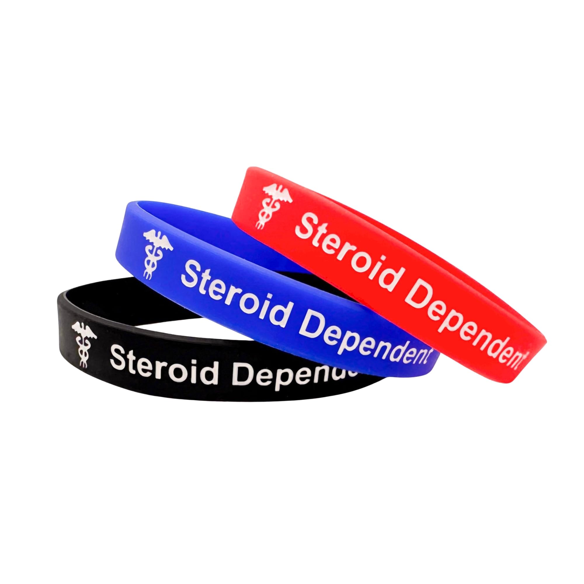 Butler & Grace Steroid Dependent Medical Alert Wristband Set of 3 (Red, Royal Blue & Black) โ Silicone ID Bracelet for Addison's Disease & Adrenal Insufficiency