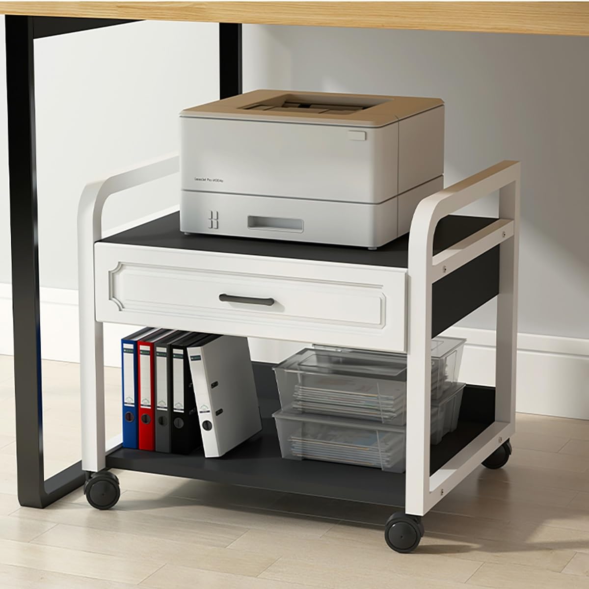Soporte para impresora debajo del escritorio con cajón de almacenamiento, gabinete de impresora rodante con ruedas, estantes abiertos para copiadora y escáner, mesa compacta para impresora de carrito