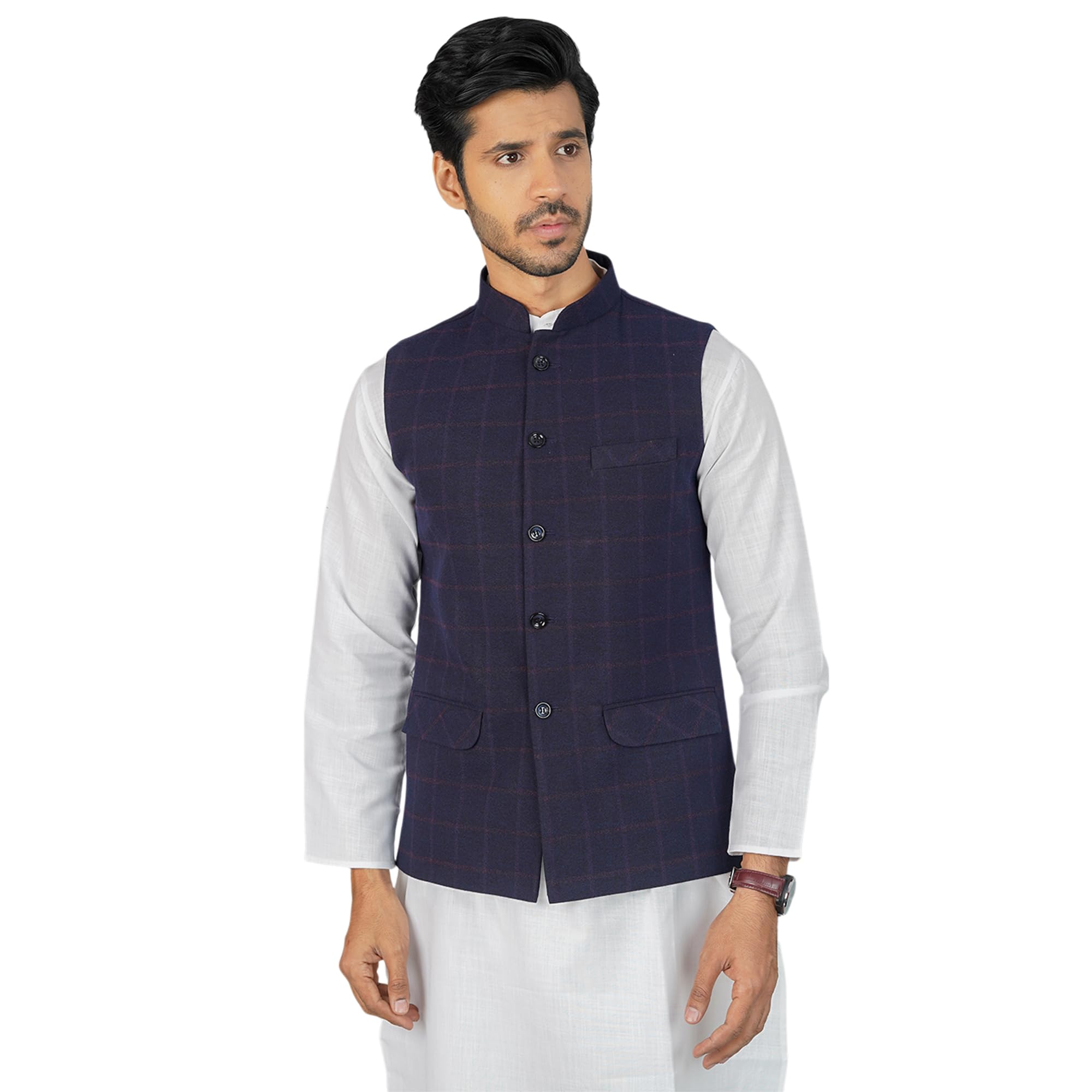 wintage Men's Tweed Check Blue Nehru Jacket-picture-16