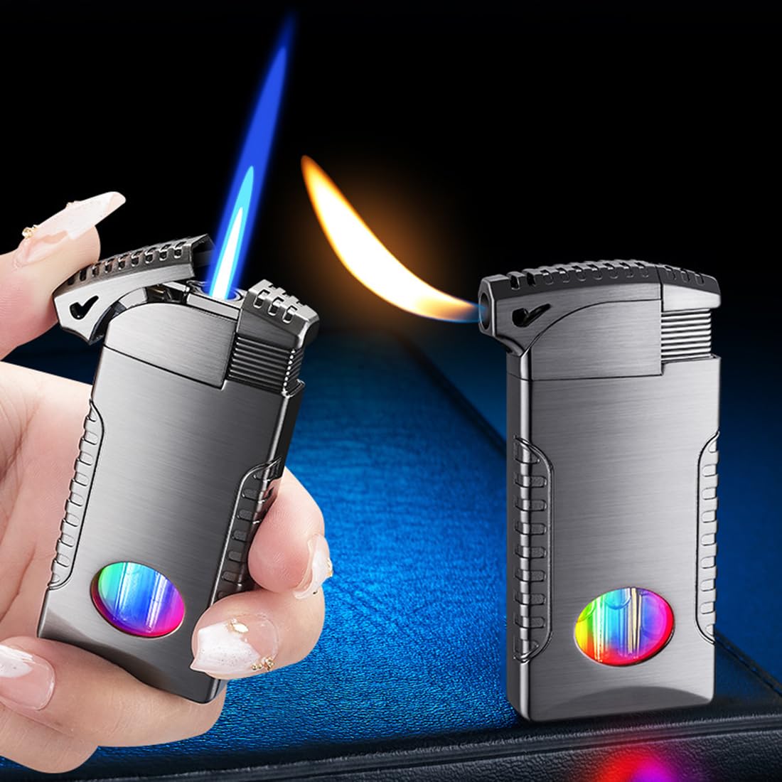 Photo 1 of Cool Dual Flame Lighters, Butane Torch Lighter, Creative Lighters with Dual Flame Function and Visible Fuel Tank, Gas Refillable for Men Dad Husband (Fuel Not Included)