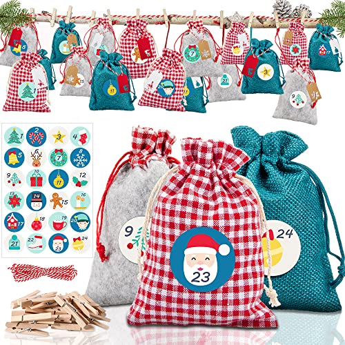 Tirgerca Calendrier de l'Avent à Remplir, Sac pour Calendrier de L'avent, 24 Pièces Sac en Tissu de Calendrier de l'Avent avec Clips et une Corde de Chanvre, Sacs Calendrier Surprise pour Noël Cover