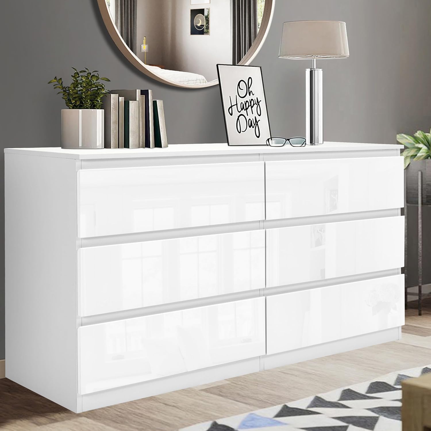 White High Gloss Chest of Drawers 6 Drawer Bedroom Storage Cabinet with Metal Runners, Chest for Clothes Storage, Modern Living Room Hallway Nursery Office Furniture (42D x 120W x 77H cm)