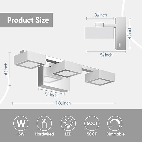 Miniatura 5 de MYTH REALM Moderna lámpara LED de baño sobre el espejo, 3 luces regulables de tocador, lámpara de tocador de baño de acrílico cromado, ajustable de