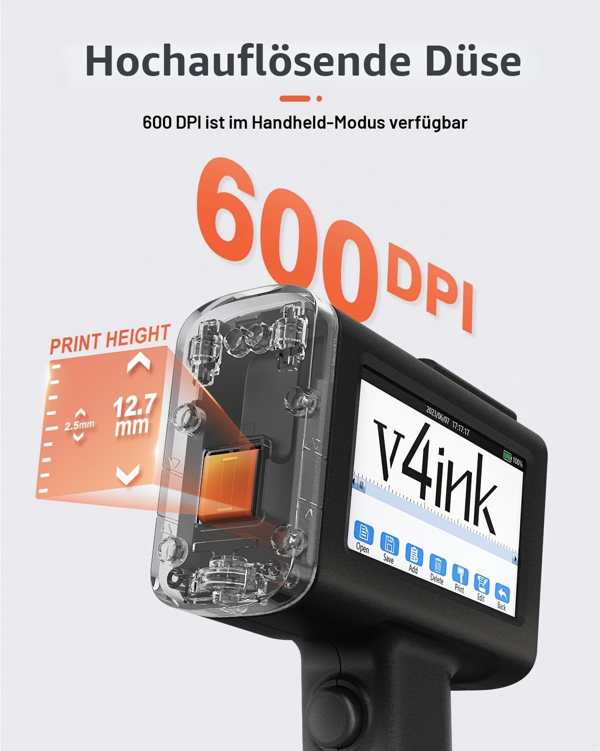 v4ink Handheld-Drucker BENTSAI BT-HH6105B2, tragbarer Handheld-Tintenstrahldrucker mit 4,3-Zoll-LED-Touchscreen Mobile Inkjet Coder QRCode Datum Logo Text auf jeder Oberfläche (BT-HH6105B2)