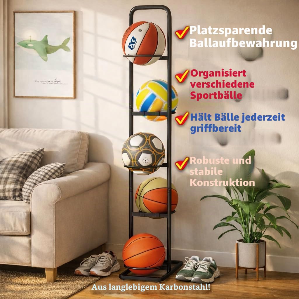 Ball Aufbewahrung Stahl-Ballständer mit 5 Kugelhaltern für Basketball Fußball Volleyball