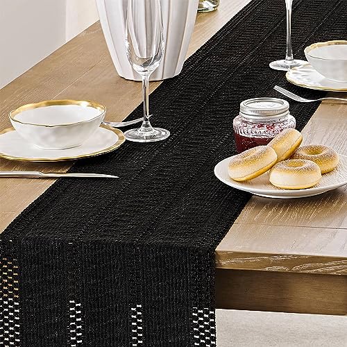 Image of ZeeMart Macrame Style Boho Table Runner, Black Table Runners 48 Inches Long, Farmhouse Woven Home Decor, 12x48 Inch, Black