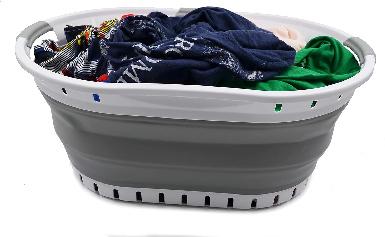 SAMMART Set of 2-44L (11.6 gallon) Collapsible 3 handled Plastic Laundry Basket - Oval Basket - Foldable Storage Container/Organizer - Space Saving Laundry Hamper (2, White/Grey)