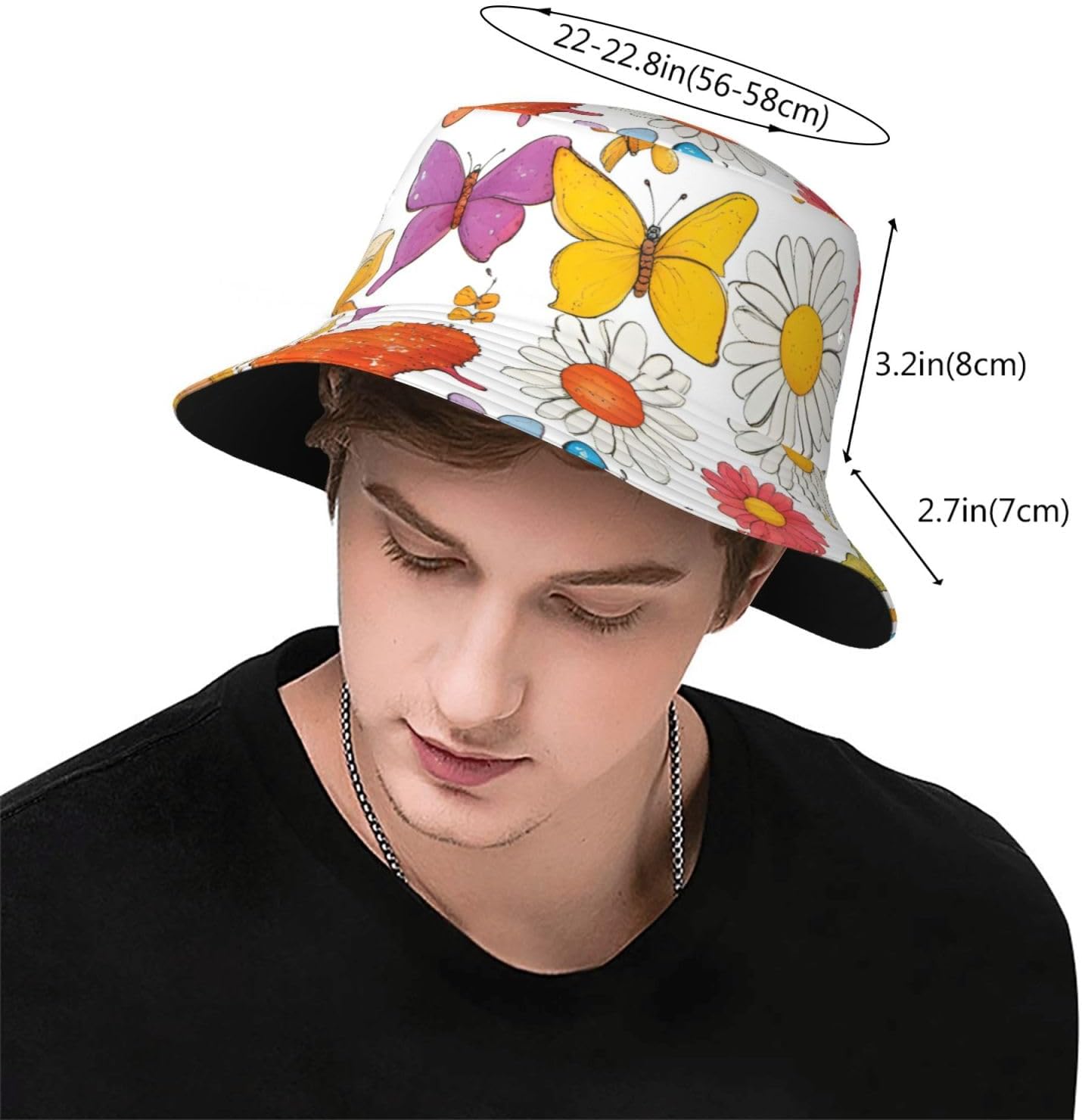 Butterfly Daisy Print Sun Hat Outdoor Fisherman Cap Summer Bucket Hat Beach for Men Women Black