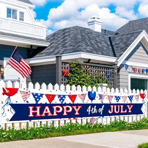 Image of BlissYard Happy 4th of July Banner 118 x 20 inch Patriotic Banner for Outside Independence Day Decorations Veterans Day Memorial Day American Flag Party Banner for Yard Fence Porch