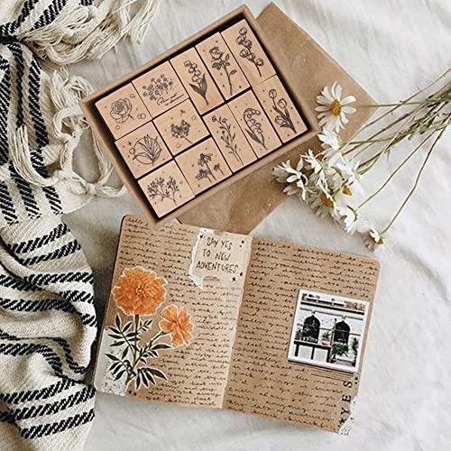 12 Pieces Vintage Wooden Flower Stamp Rubber Plant Decorative Mounted Rubber Stamp Set For Diy Craft, Letters Diary And Craft Scrapbooking #TOP6