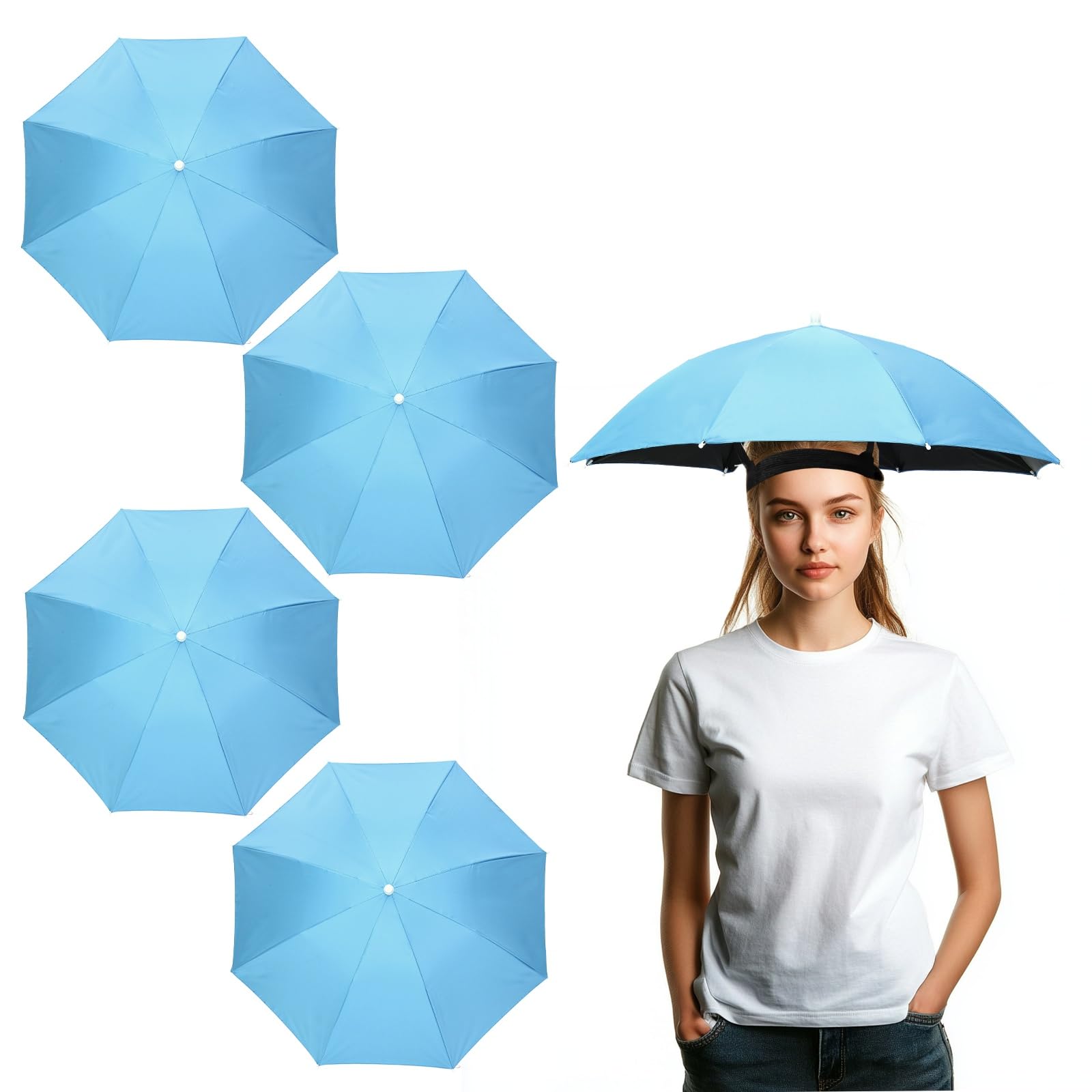 YELARXI Umbrella Hat, Fishing Hat Waterproof Adjustable Sun Rain Cap with Elastic Band, 27" & 4Pcs & Sky Blue - Fitting For(Women/Men Fishing/Camping/Gardening/Beach/Sunshade)