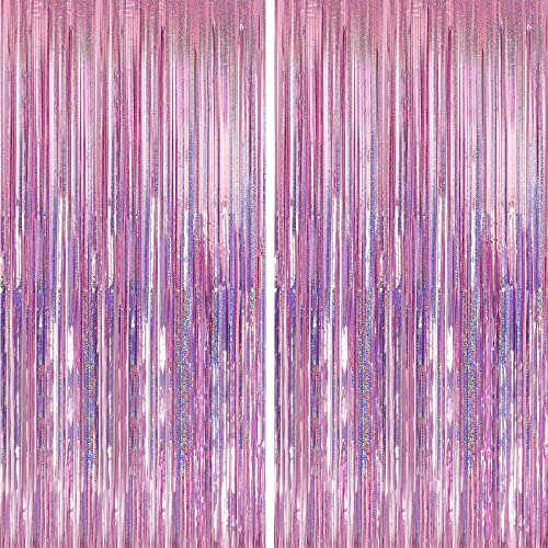 Crosize 2 Pack 3.3 x 9.9 ft Pink Foil Fringe Backdrop Curtain, Streamer Backdrop Curtains, Streamers Birthday Party Decorations, Tinsel Curtain for Parties, Galentines Decor, Preppy, Photo Booth