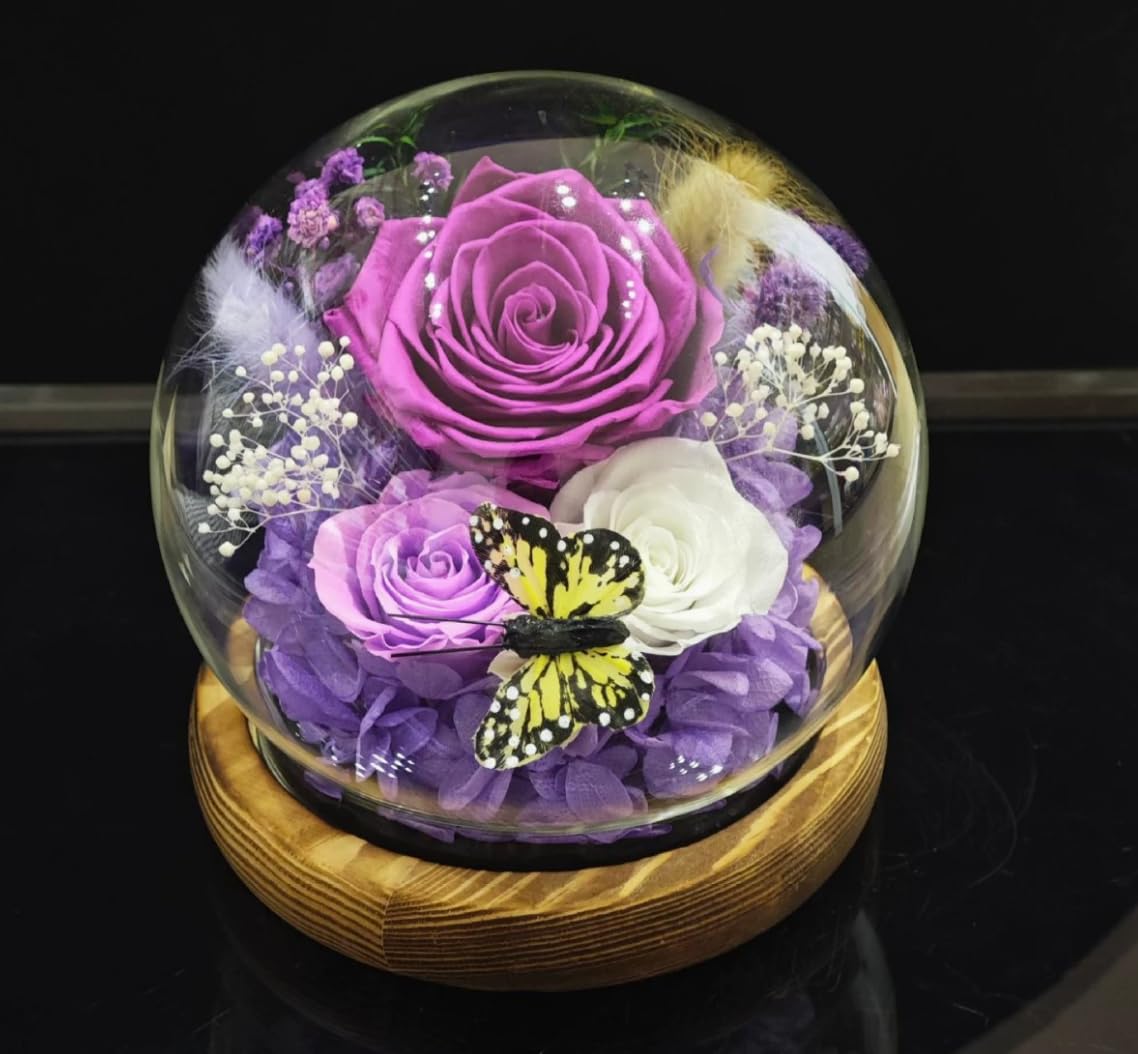 Elover Preserved Roses in Glass Dome with LED Light – Long Lasting Real Flowers,Forever Eternal Rose for Mother's Day,Valentine's Day,Birthday Gifts for Women,Mum,Wife,Girlfriend (ButterflyPurple)