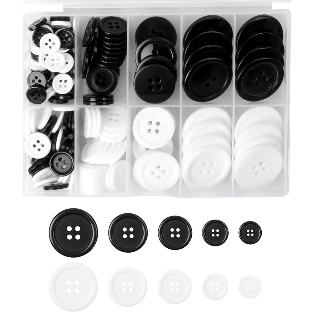 HASTHIP® 100Pcs Sewing Buttons Black & White Resin Sewing Buttons 5 Sizes 0.39 ''-1'' Clothing Buttons Round DIY Sewing Buttons Round Clothing Buttons for Sewing, Tailoring, DIY Crafts-image-38