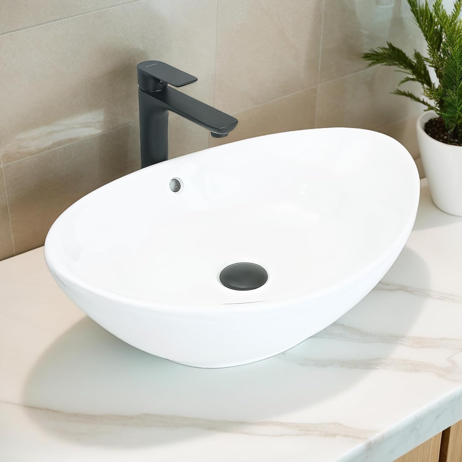 NUESTRA VIDA 23×15.2×7.7 inch Bathroom Vessel Sink, Modern Egg Shape Vanity Sink Above Counter Art Basin with Overflow, Oval Vessel Sink Bowl for Vanity Surface Mounted, Glossy White