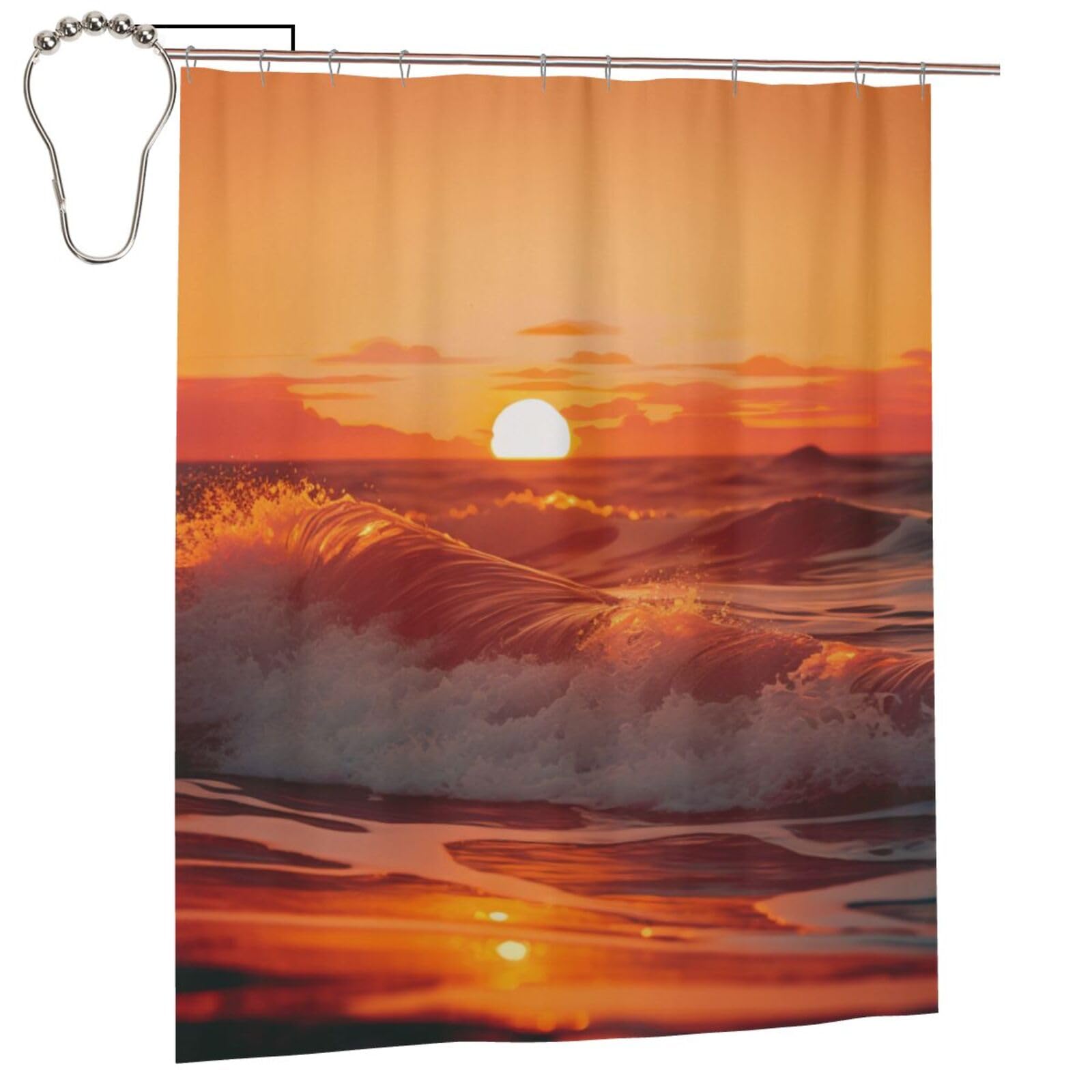 BWWHCCTI sunset with sea waves Printed Shower Curtain With 12 Iron Hooks Opaque Quick Drying Waterproof Shower Curtains Sets For Bathroom 152x183 Cm