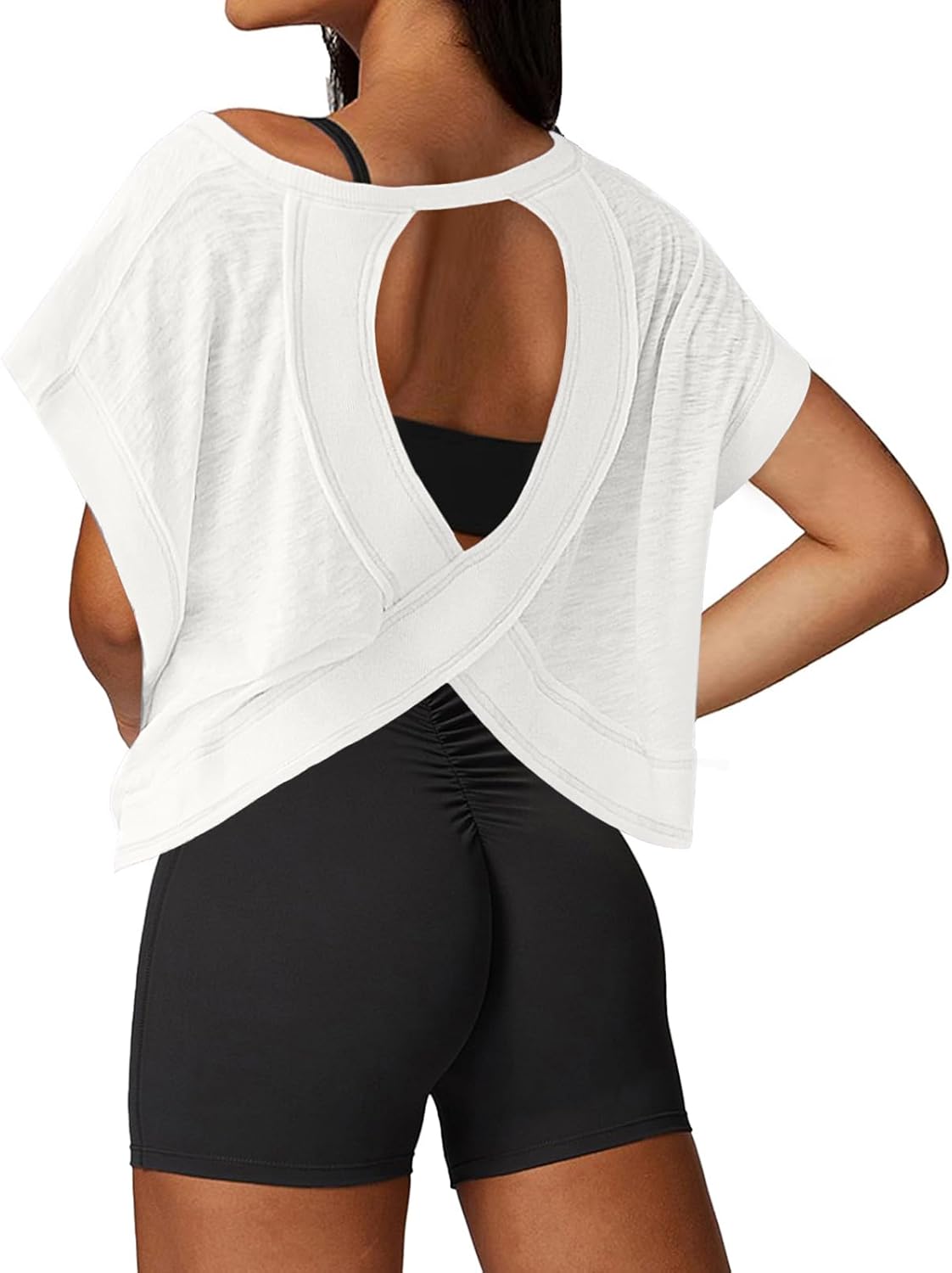 UNIANKIYA Open Back Workout Tops for Women Loose Fit Athletic Crop Tee Short Sleeve Gym Running Yoga Shirt