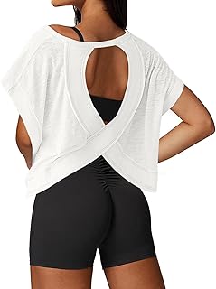 UNIANKIYA Open Back Workout Tops for Women Loose Fit Athletic Crop Tee Short Sleeve Gym Running Yoga Shirt