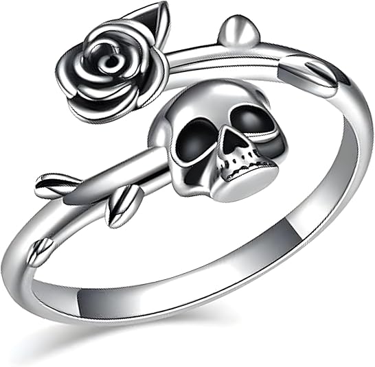 Gothic Skull Ring for Women Silver Open Wrap Rose Flower Skulls Rings