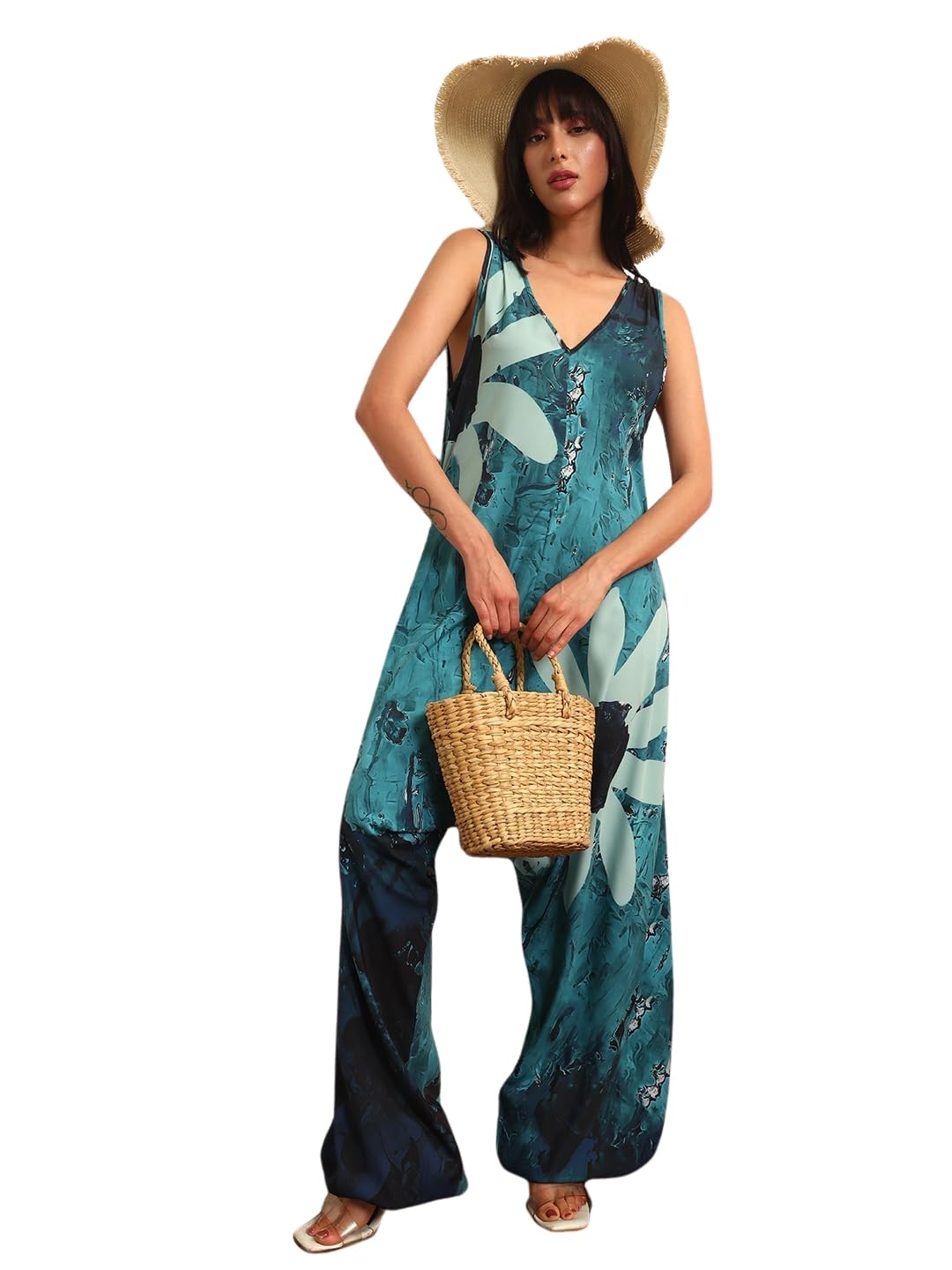 tandul Women Floral Print Jumpsuit - Casual Light Blue Crepe-picture-29