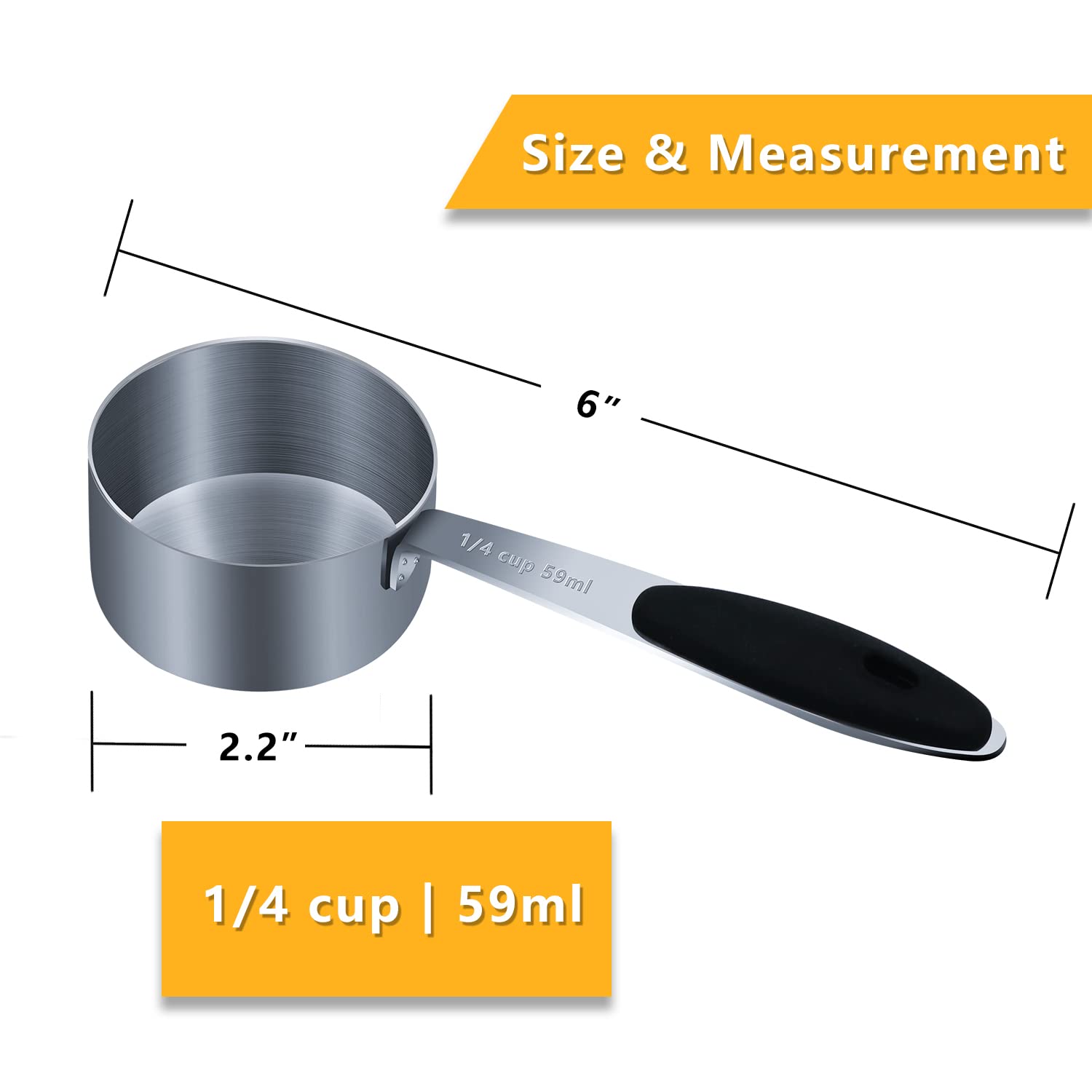 LEIFENY 2 tazas medidoras individuales de 1/4 taza (59 ml, 56.7 g) con agarre de silicona negra, solo cuchara medidora individual de acero inoxidable