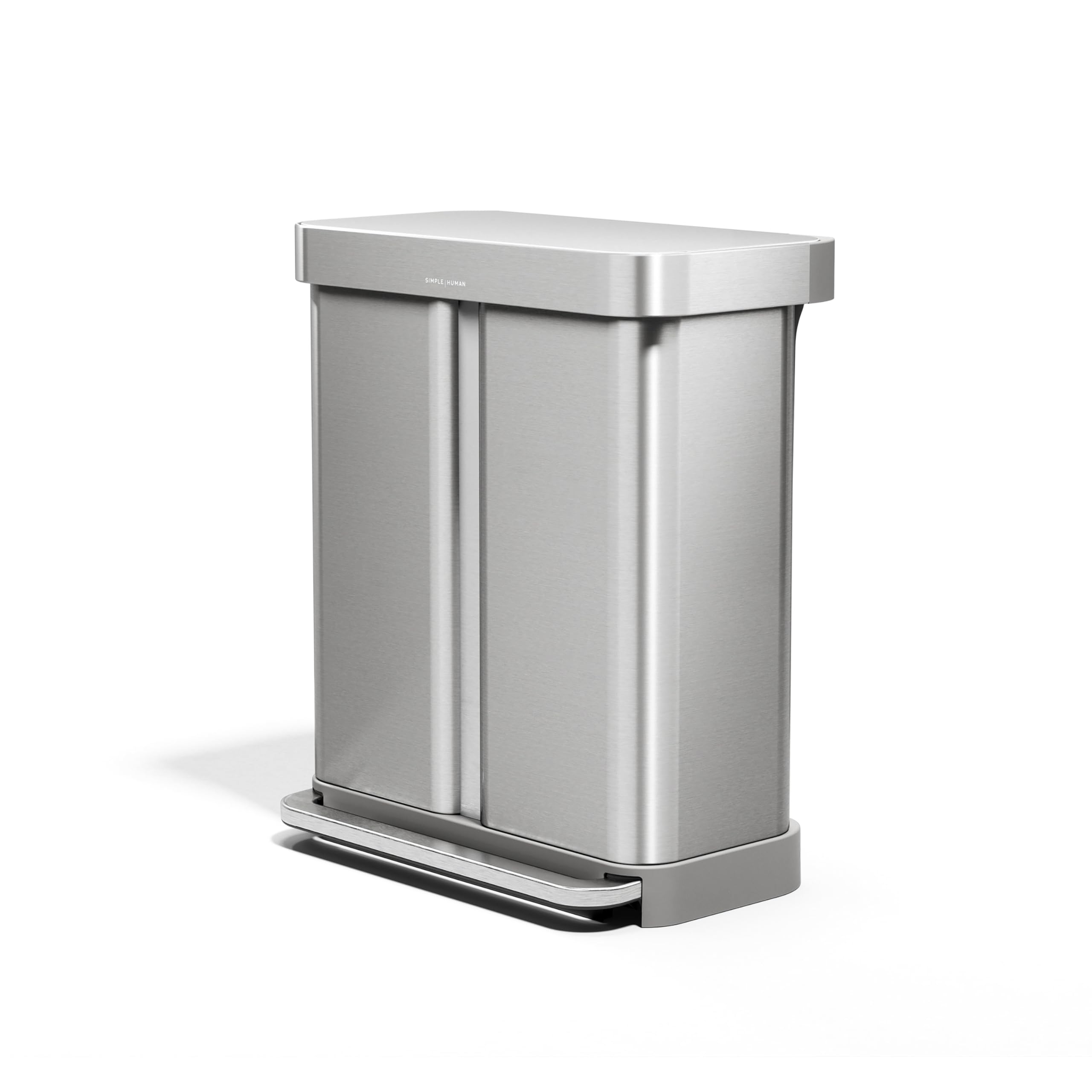 simplehuman58 Liter / 15.3 Gallon Rectangular Hands-Free Dual Compartment Recycling Kitchen Step Trash Can with Soft-Close Lid, Brushed Stainless Steel