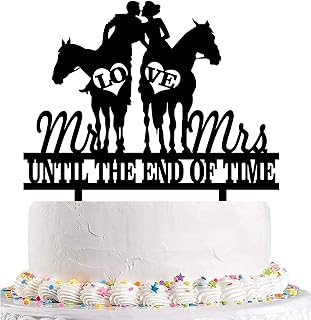 Yuezoloz Funny Cowboy Wedding Cake Topper - Cowboy Groom and Bride Riding Side by Side Kiss Each Other - Horse Riding Couple Cake Topper, Farmer Couple Cake Topper, Rustic Horse Wedding Cake Topper
