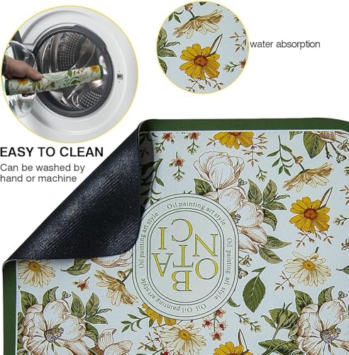 Image of Elegant Floral Washable Floor Mat | Non Slip Water Absorbent Washing Mat for Kitchen Bathroom & Laundry Area | Soft Quick Dry Decorative Flower Design Rug for Home Floor Protection