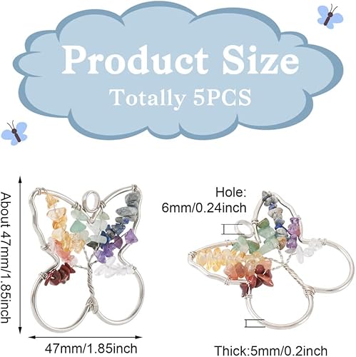 Miniatura 3 de 5 dijes de árbol de la vida con forma de mariposa, dije de cuarzo de cristal de chakra, dije de alambre envuelto en piedras preciosas para reiki,